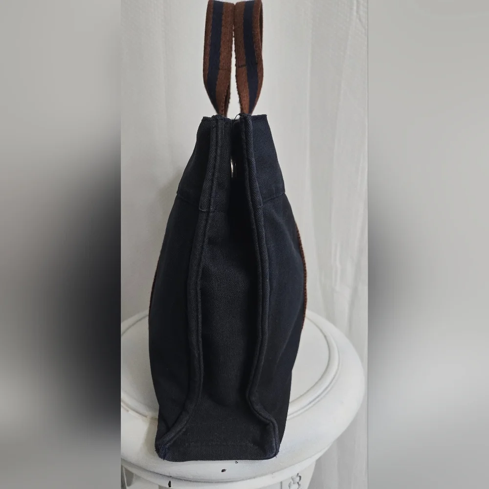 EUC Hermès Fourre-Tout Tote Bag – Navy Canvas with Brown Striped Handles w/COA